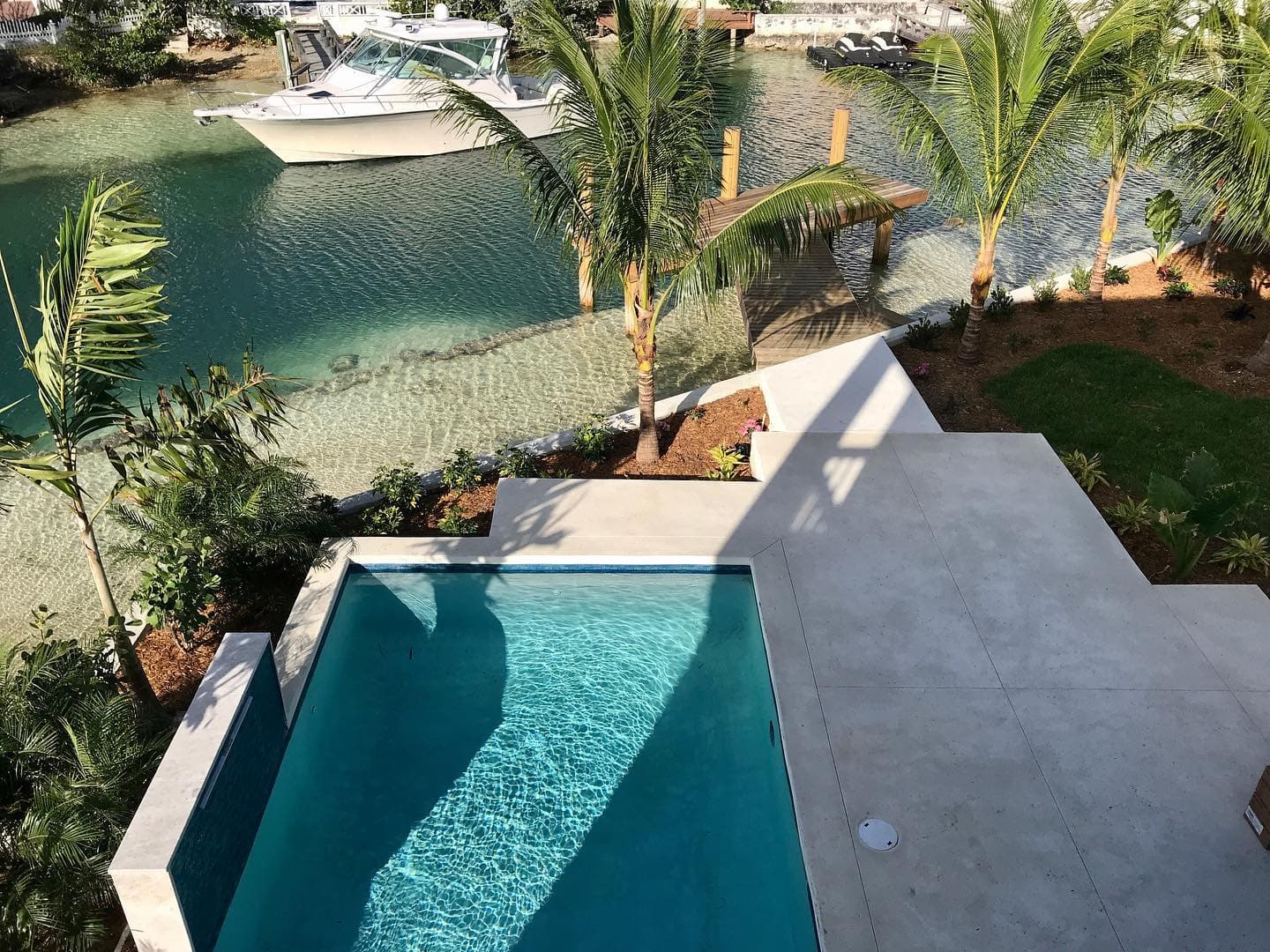 Pool, dock, and palms