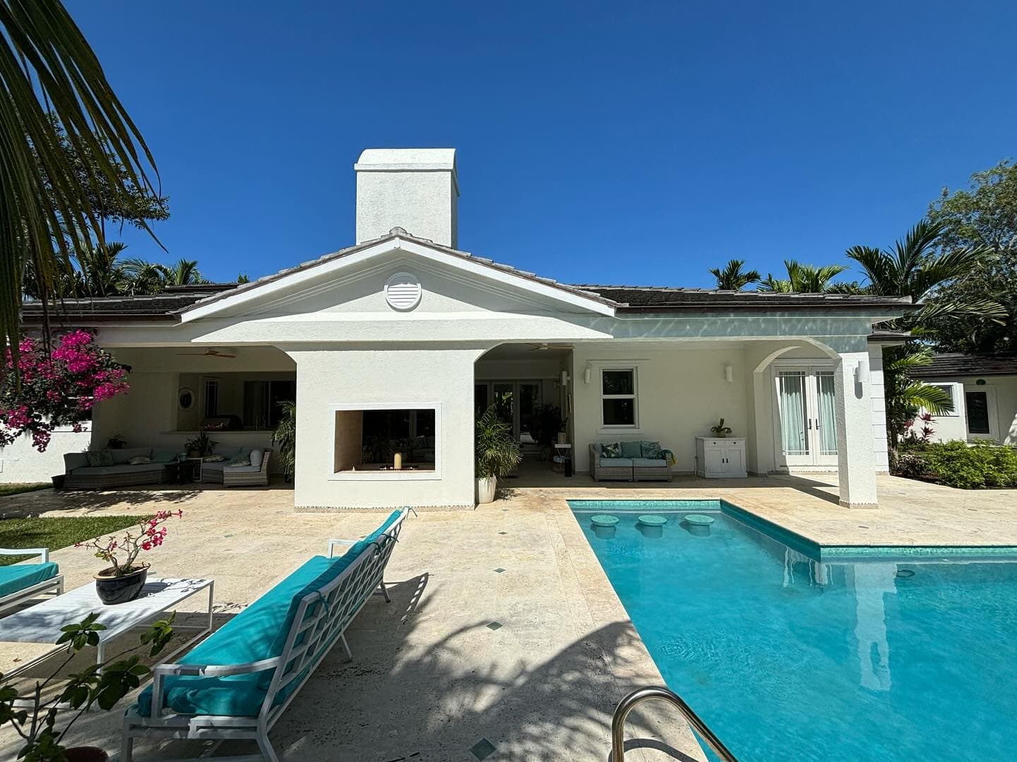 Pool terrace and fireplace